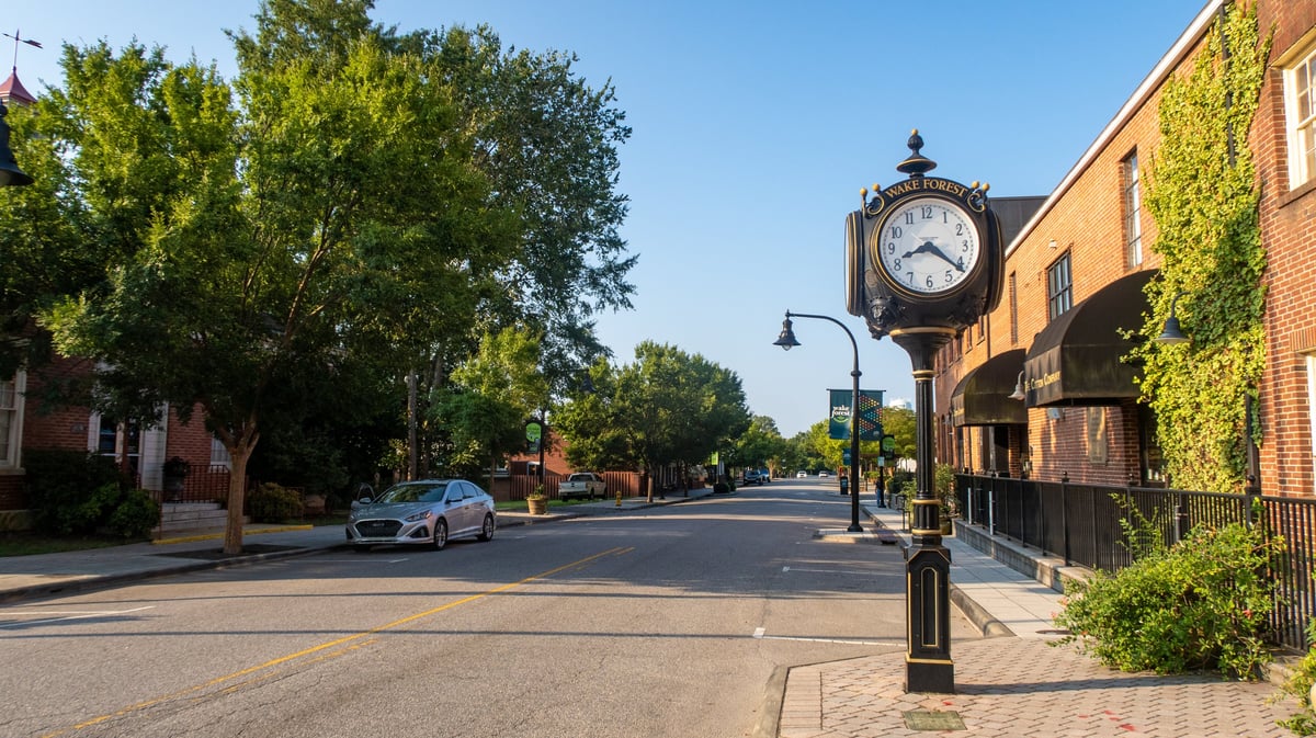 A quiet morning view of historic downtown with classic brick storefronts