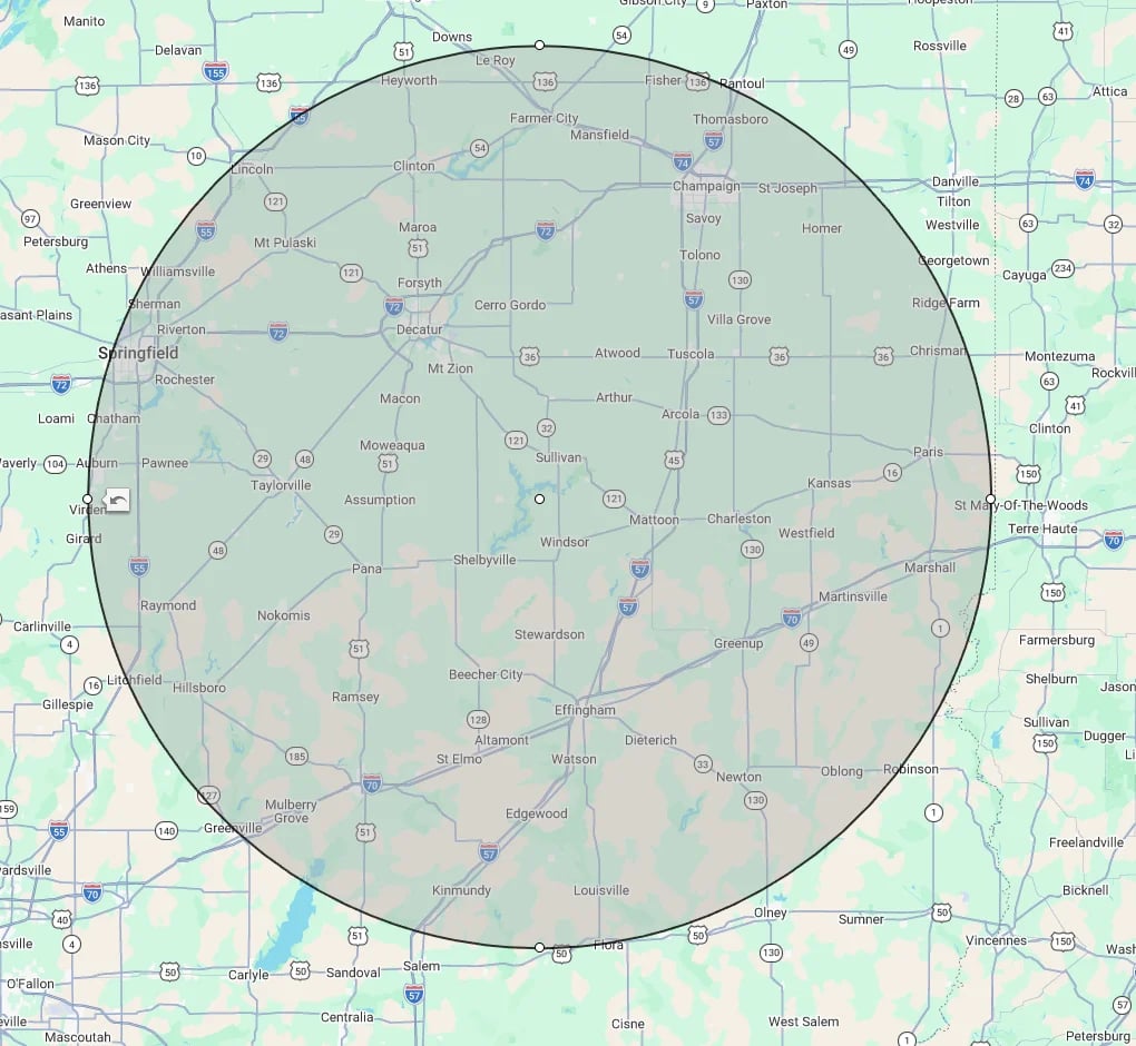 Regional map showing counties and highways with a large black circle overlay marking a 60-mile service area around Mattoon, Illinois